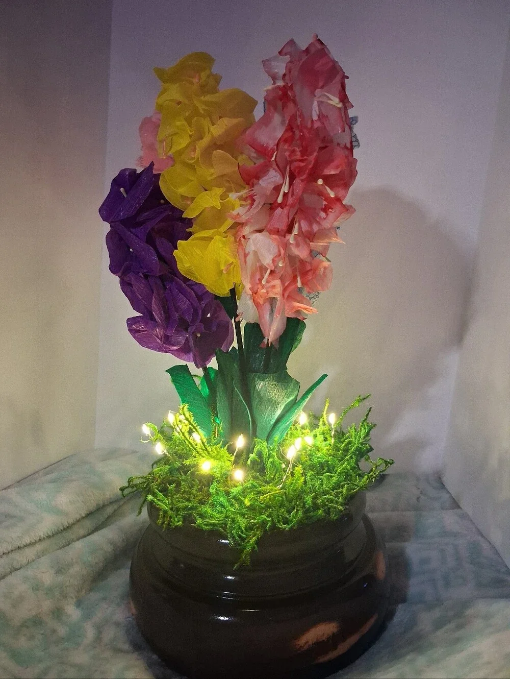 Handcrafted Multi-Color Floral Accent with LED Lights, Wood Base With Moss